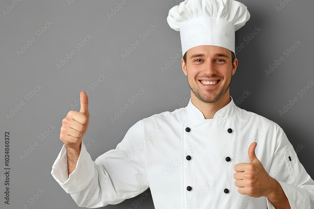In front of a gray background, a happy smiling chef shows a thumbs up with a toque in a cooking and cooking concept In front of a gray background, a happy smiling chef shows a thumbs up with a toque in a cooking and cooking concept