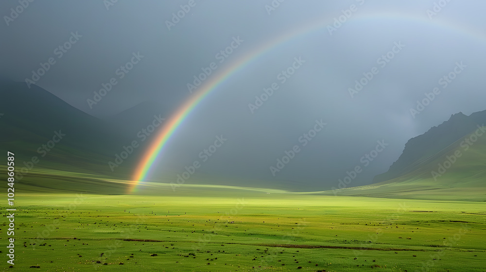 Obraz premium Rainbow Arcing Over a Green Meadow After a Rainstorm | Captivating Nature Scene Symbolising Hope and Renewal
