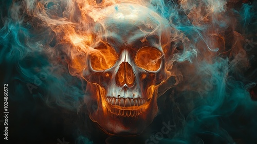 A skull dissolving into a swirl of neon-colored graffiti smoke, its form distorting and fading in vibrant hues of orange, teal, and magenta. The smoke moves and shifts around the skull,