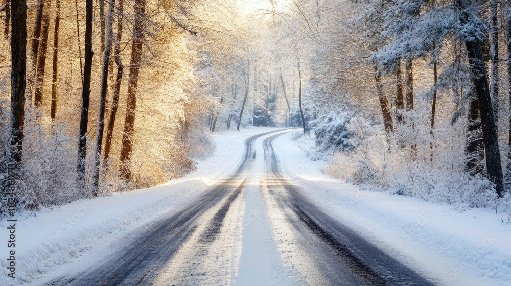 Winter scene of an empty snowy road through a forest with space for copy Winter scene of an empty snowy road through a forest with space for copy