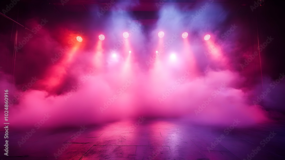 Fototapeta premium Stage with colorful lights and fog, creating a dramatic atmosphere.