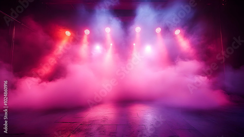 Stage with colorful lights and fog, creating a dramatic atmosphere.