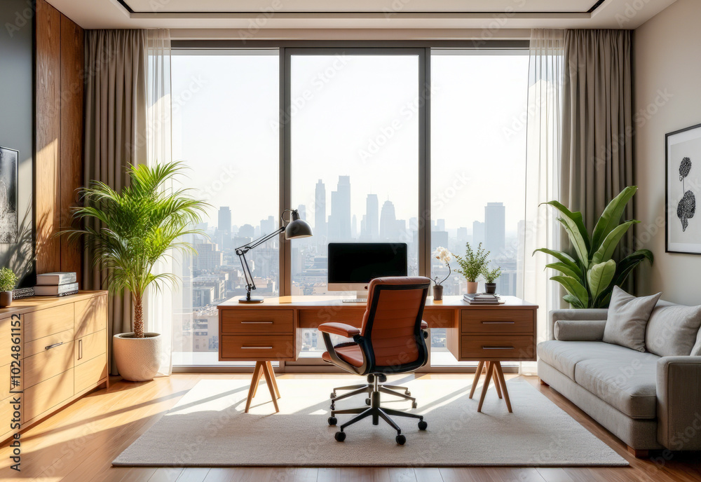 Fototapeta premium home office with a large bright window , minimalism
