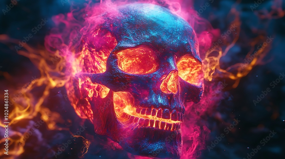 A skull dissolving into swirling graffiti patterns, its form gradually breaking into vibrant neon shapes and chaotic lines. The colors—hot pink, electric blue, A skull dissolving into swirling graffiti patterns, its form gradually breaking into vibrant neon shapes and chaotic lines. The colors—hot pink, electric blue,