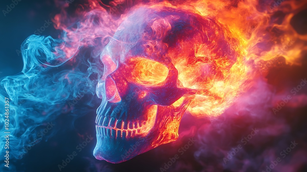 A skull dissolving into swirling graffiti patterns, its form gradually breaking into vibrant neon shapes and chaotic lines. The colors—hot pink, electric blue, A skull dissolving into swirling graffiti patterns, its form gradually breaking into vibrant neon shapes and chaotic lines. The colors—hot pink, electric blue,