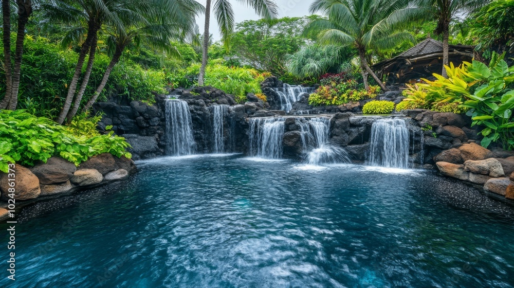 Naklejka premium Serene Tropical Waterfall in Lush Green Environment