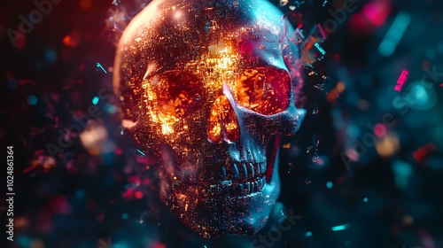 Wallpaper Mural A skull distorted by intense digital glitch effects, surrounded by pixelated fragments and vibrant neon colors like cyan, magenta, and yellow. The skull’s features are blurred and warped, Torontodigital.ca