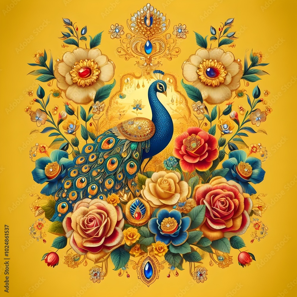 Obraz premium Flowers and a peacock surround a peacock golden with colored roses 