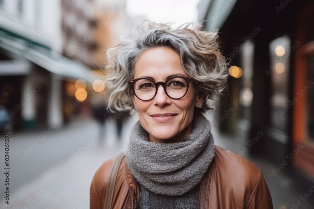 Portrait of a smiling woman wearing eyeglasses in the city Portrait of a smiling woman wearing eyeglasses in the city