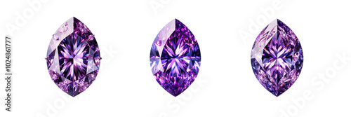 Set of Purple marquise diamond gemstone, isolated over on transparent white background