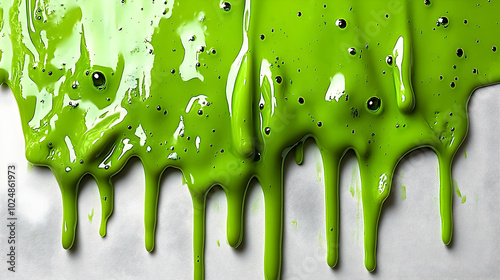 Bright green paint dripping down a surface, showcasing texture. photo