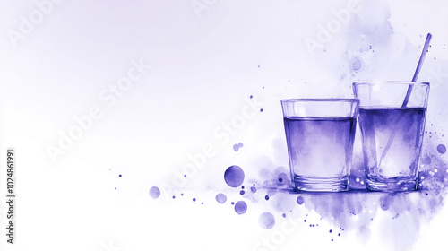 Cashier Desk with Water Glasses in Abstract Purple Style.