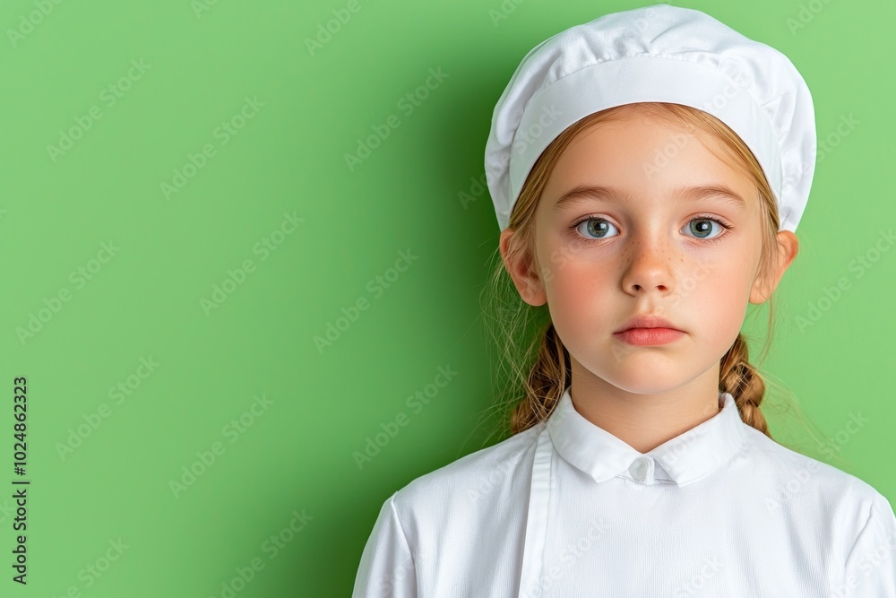 Standing isolated on green background looking at camera is a smiling girl wearing a school uniform and white bows on her head. Back to school. Standing isolated on green background looking at camera is a smiling girl wearing a school uniform and white bows on her head. Back to school.