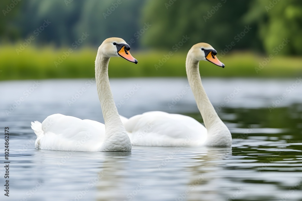 Couple of swans swimming on a calm lake An elegant pair of swans swimming in sync on a smooth lake surrounded by lush vegetation. Couple of swans swimming on a calm lake An elegant pair of swans swimming in sync on a smooth lake surrounded by lush vegetation.
