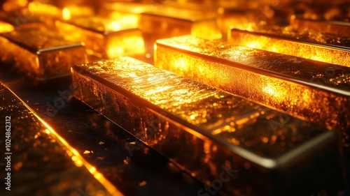 Shiny Gold Ingots Reflecting Warm Light - Made with Generative AI photo