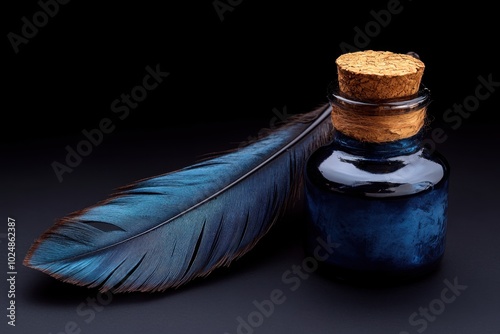 An isolated bottle of ink with a quill, symbolizing writing and creativity, isolate on white background. 