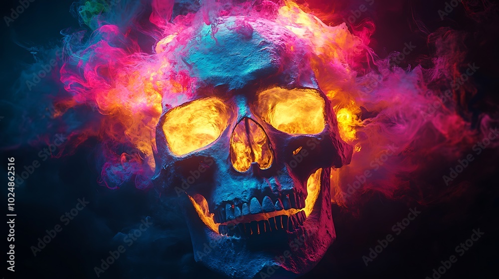 A skull enveloped in swirling graffiti patterns, with neon hues of pink, yellow, and blue creating a chaotic whirlwind around it. The graffiti shapes twist and pull at the skull, A skull enveloped in swirling graffiti patterns, with neon hues of pink, yellow, and blue creating a chaotic whirlwind around it. The graffiti shapes twist and pull at the skull,