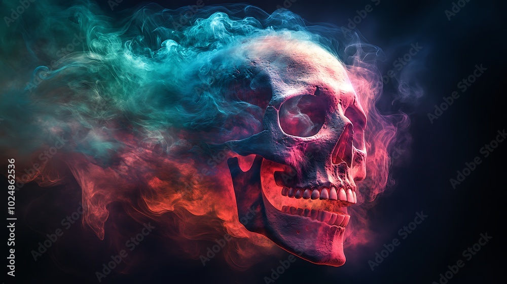 A skull fading in and out of swirling graffiti smoke, the edges of the skull blurred and distorted as if caught in a mirage. The smoke wraps around the skull in vibrant hues of neon blue, pink, A skull fading in and out of swirling graffiti smoke, the edges of the skull blurred and distorted as if caught in a mirage. The smoke wraps around the skull in vibrant hues of neon blue, pink,