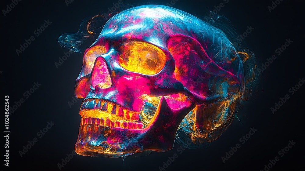 A skull enveloped in swirling graffiti patterns, with neon hues of pink, yellow, and blue creating a chaotic whirlwind around it. The graffiti shapes twist and pull at the skull, A skull enveloped in swirling graffiti patterns, with neon hues of pink, yellow, and blue creating a chaotic whirlwind around it. The graffiti shapes twist and pull at the skull,
