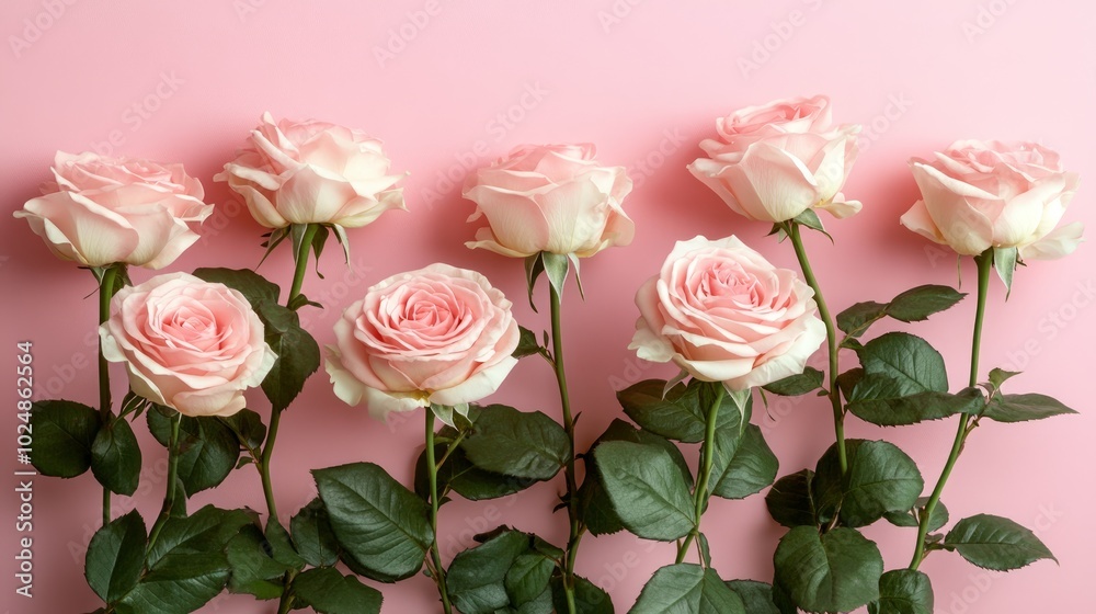 A row of pink roses on a pink background, creating a simple, elegant composition. A row of pink roses on a pink background, creating a simple, elegant composition.
