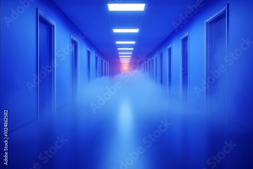 A mysterious blue-lit corridor with fog and doors, creating an eerie atmosphere.