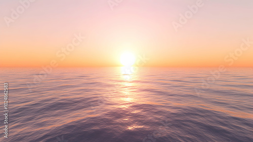 A serene sunset over a calm ocean, casting a warm glow across the water.