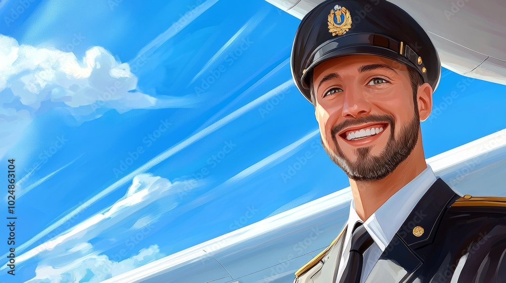 This image shows a smiling pilot in uniform with an airplane in the background. This image shows a smiling pilot in uniform with an airplane in the background.