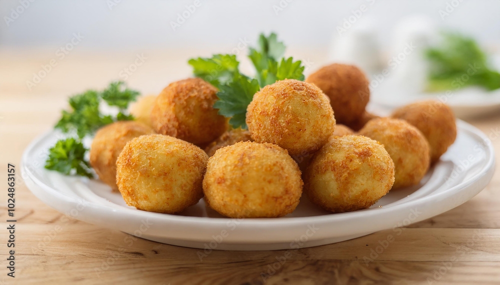 Breaded potato balls with fresh parsley on white ceramic plate. Tasty food. Delicious meal. Breaded potato balls with fresh parsley on white ceramic plate. Tasty food. Delicious meal.