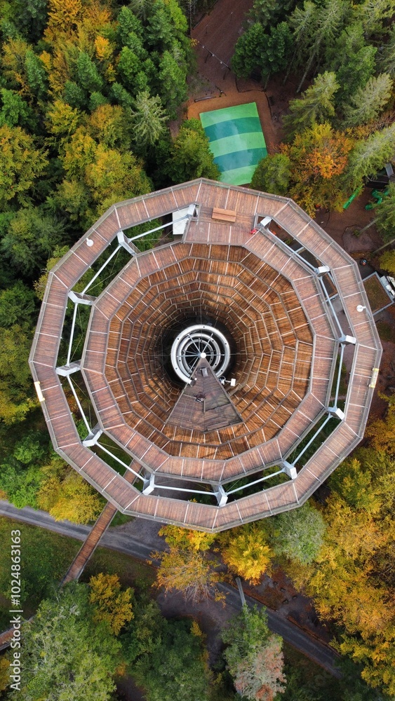Fototapeta premium Looking down spiral ramp in black forest during autumn