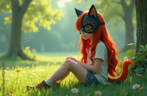 quadrobers, a girl in a cat mask sitting on the grass photo