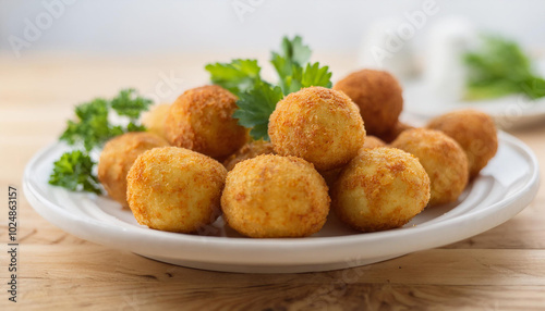 Breaded potato balls with fresh parsley on white ceramic plate. Tasty food. Delicious meal.