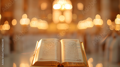 Open Bible with bright sunset in the background. Close-up photo