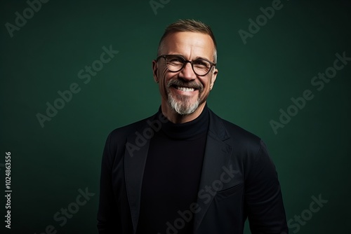 Portrait of a handsome senior man wearing glasses and a black jacket.