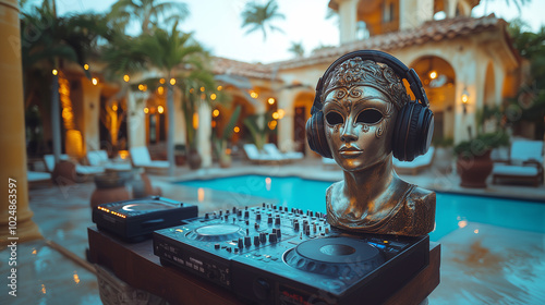 Dj setup with a decorative venetian mask and headphones by a luxury poolside. Carnival or costume party concept.  photo