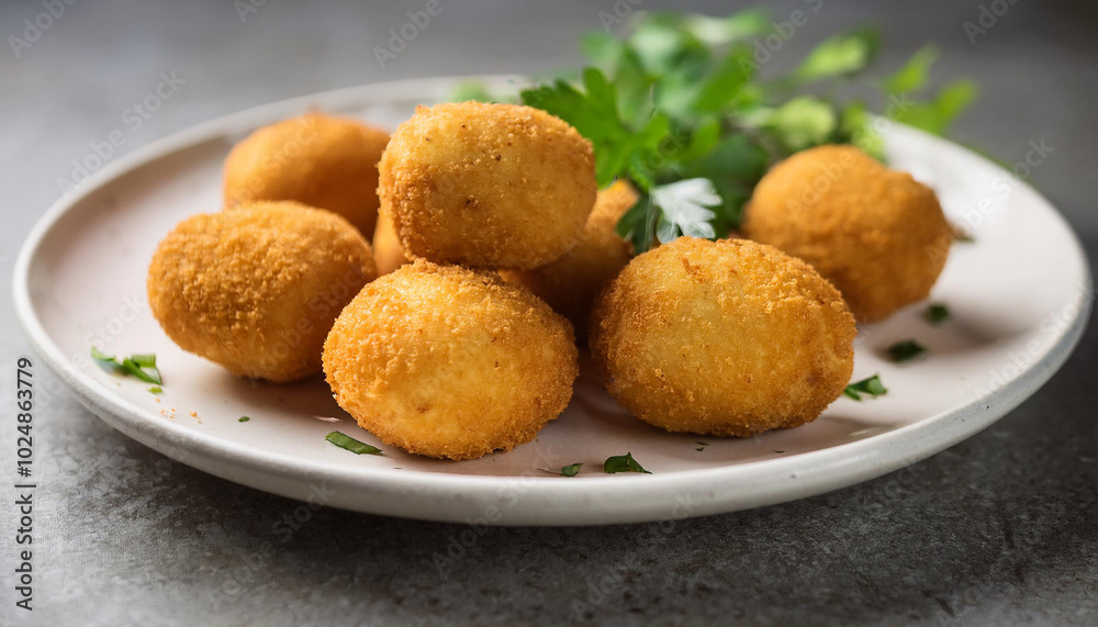 Breaded potato balls with fresh parsley on white ceramic plate. Tasty food. Delicious meal. Breaded potato balls with fresh parsley on white ceramic plate. Tasty food. Delicious meal.