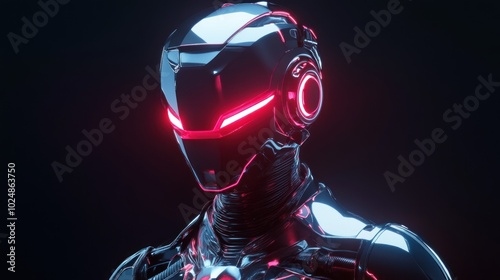 Futuristic Robot with Glowing Red Eyes and Helmet