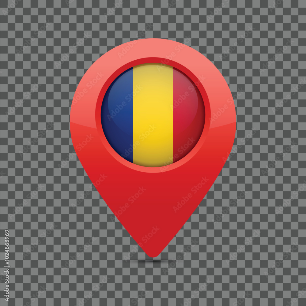 Fototapeta premium Romanian Flag pin for maps and navigation systems to mark current location. User Interface icon design. Vector illustration.