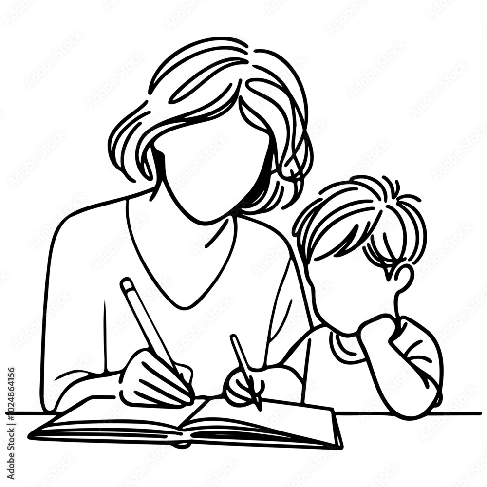Mother Teach Kid Read Book Line Art. Mother Teach Kid Read Book Line Art.
