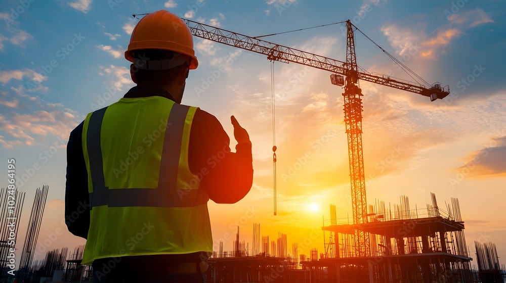 Silhouette of a construction worker against a backdrop of building structures and a vibrant sunset sky symbolizing the hard work and urban development happening in the city Silhouette of a construction worker against a backdrop of building structures and a vibrant sunset sky symbolizing the hard work and urban development happening in the city