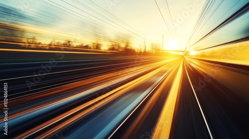 Dynamic Sunrise Over Speeding Train Tracks