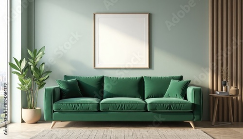 minimalistic interrior desighn with green sofa and blank canvas mockup on a wall. A 3D render of a minimalist living room with a green velvet couch and a large square picture frame on a wall