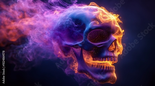 A skull gradually disappearing into a swirl of neon-colored graffiti smoke, its form dissolving and reappearing in vibrant shades of purple, cyan, and yellow.