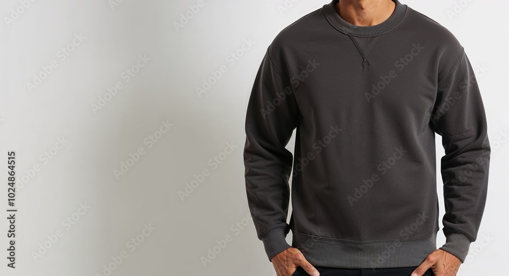 Charcoal crewneck sweatshirt with ribbed hem on plain white background Charcoal crewneck sweatshirt with ribbed hem on plain white background