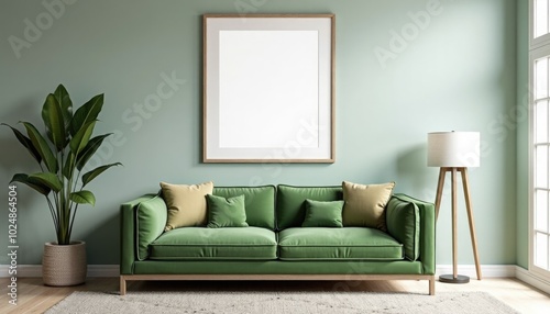 minimalistic interrior desighn with green sofa and blank canvas mockup on a wall. A 3D render of a minimalist living room with a green velvet couch and a large square picture frame on a wall photo