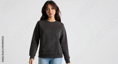 Charcoal crewneck sweatshirt with ribbed hem on plain white background