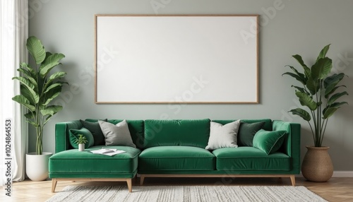 minimalistic interrior desighn with green sofa and blank canvas mockup on a wall. A 3D render of a minimalist living room with a green velvet couch and a large square picture frame on a wall photo