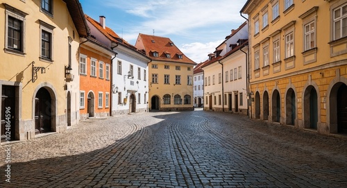 Cobblestone street winding through quiet old town square