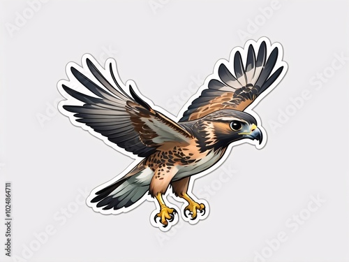 Sticker a cute baby hawk fly small beak with gray wings white background generative ai