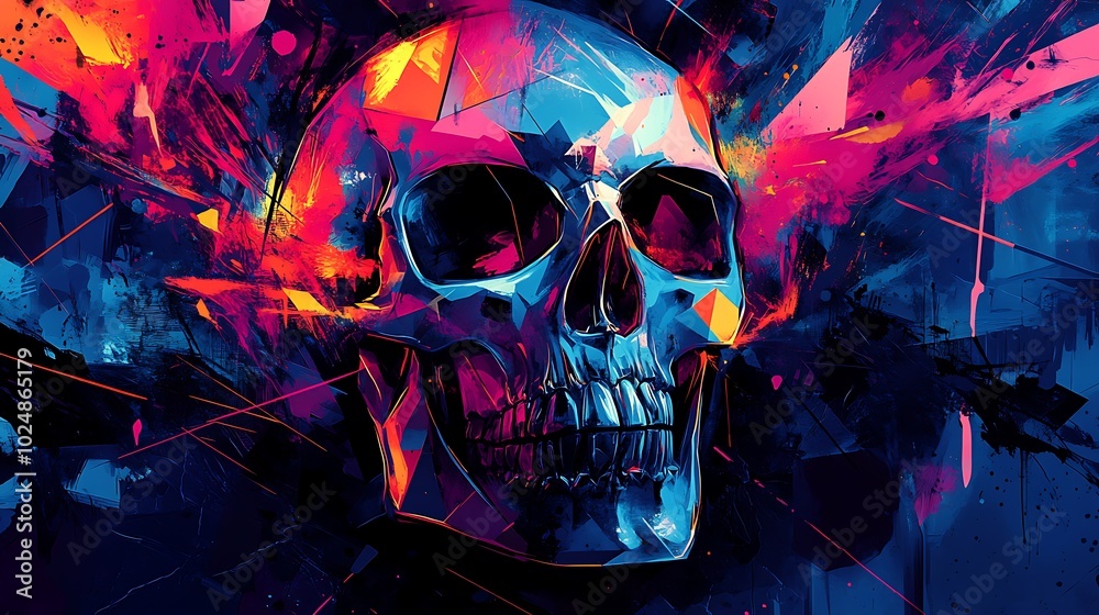 A skull made up of geometric shapes like cubes, hexagons, and triangles, covered in swirling abstract graffiti lines and vibrant splashes of color. The neon hues—electric blue, magenta, A skull made up of geometric shapes like cubes, hexagons, and triangles, covered in swirling abstract graffiti lines and vibrant splashes of color. The neon hues—electric blue, magenta,