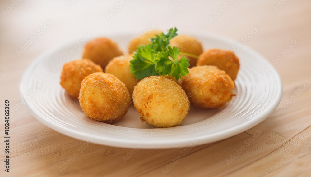 Breaded potato balls with fresh parsley on white ceramic plate. Tasty food. Delicious meal. Breaded potato balls with fresh parsley on white ceramic plate. Tasty food. Delicious meal.